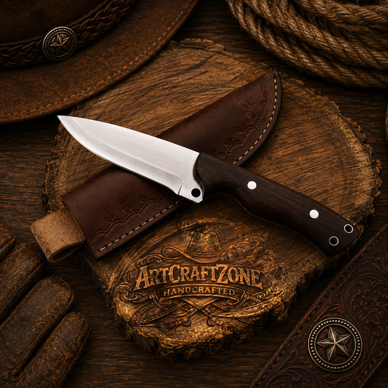 Handcrafted 8" Western Cowboy Field Work Tool with Leather Sheath