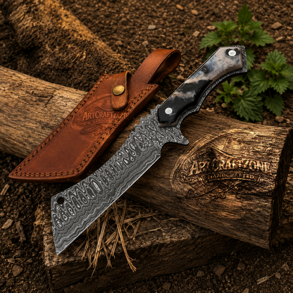 Handcrafted 10" Damascus Steel Western Cowboy Field Work Tool with Leather Sheath