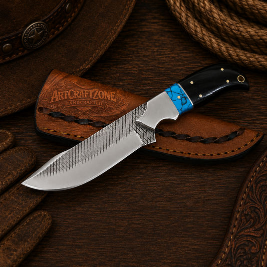Handcrafted Western Rasp File Steel Farriery Blade 8" EDC Field Tool with Leather Sheath