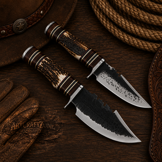Handcrafted Pair Hand Forged High Carbon Steel Western Cowboy Field Work Tool with Leather Sheath