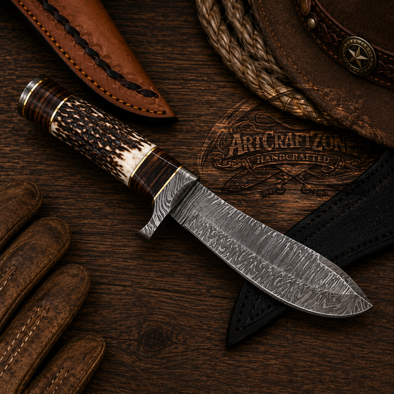 Handcrafted 10" Damascus Steel Western Cowboy Hunting Tool with Antler & Stacked With Leather Sheath