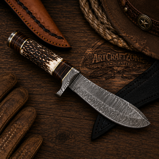 Handcrafted 10" Damascus Steel Western Cowboy Hunting Tool with Antler & Stacked With Leather Sheath