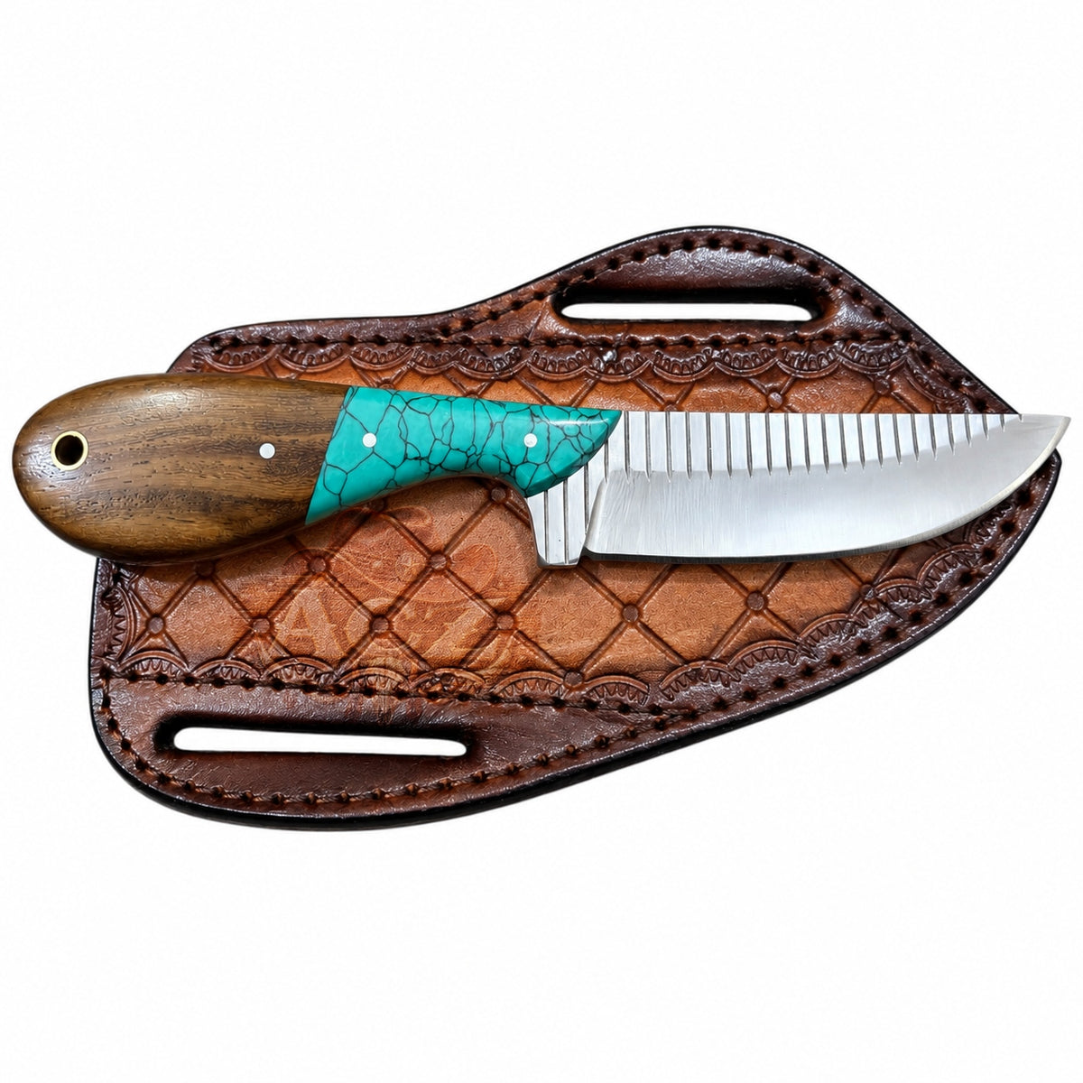 Western Cowboy Knife – 7-Inch Teal Accent & Wood Handle