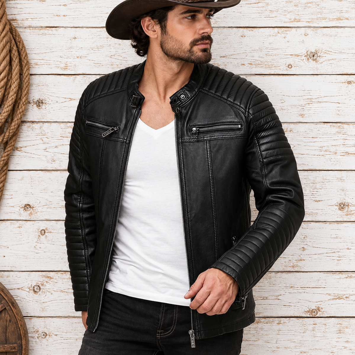 A man wearing a black leather motorcycle jacket over a white t-shirt and dark jeans
