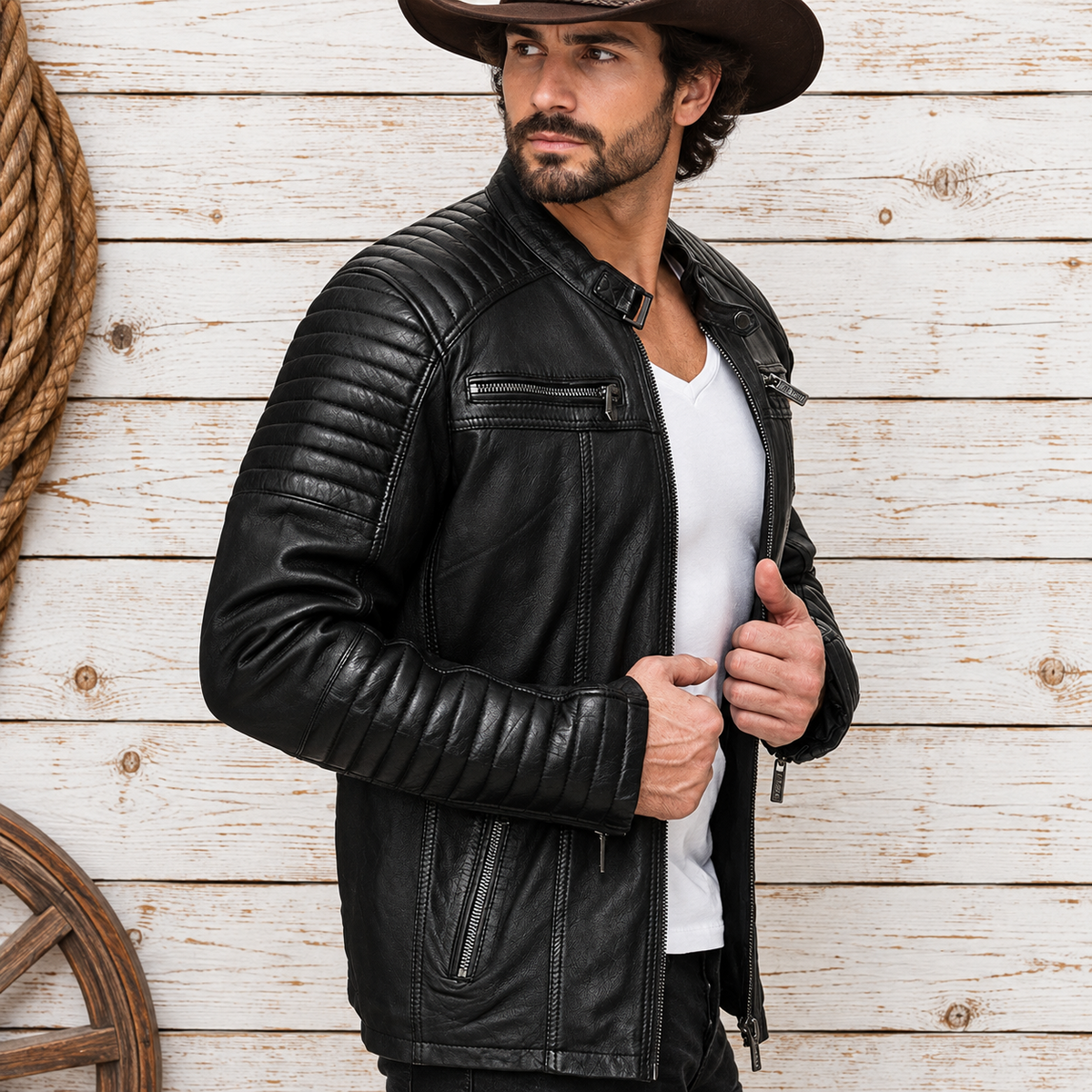 A man wearing a black leather motorcycle jacket with quilted shoulder panels, zippered chest pockets, and ribbed cuffs, styled with a white t-shirt, black pants, and a brown cowboy hat 