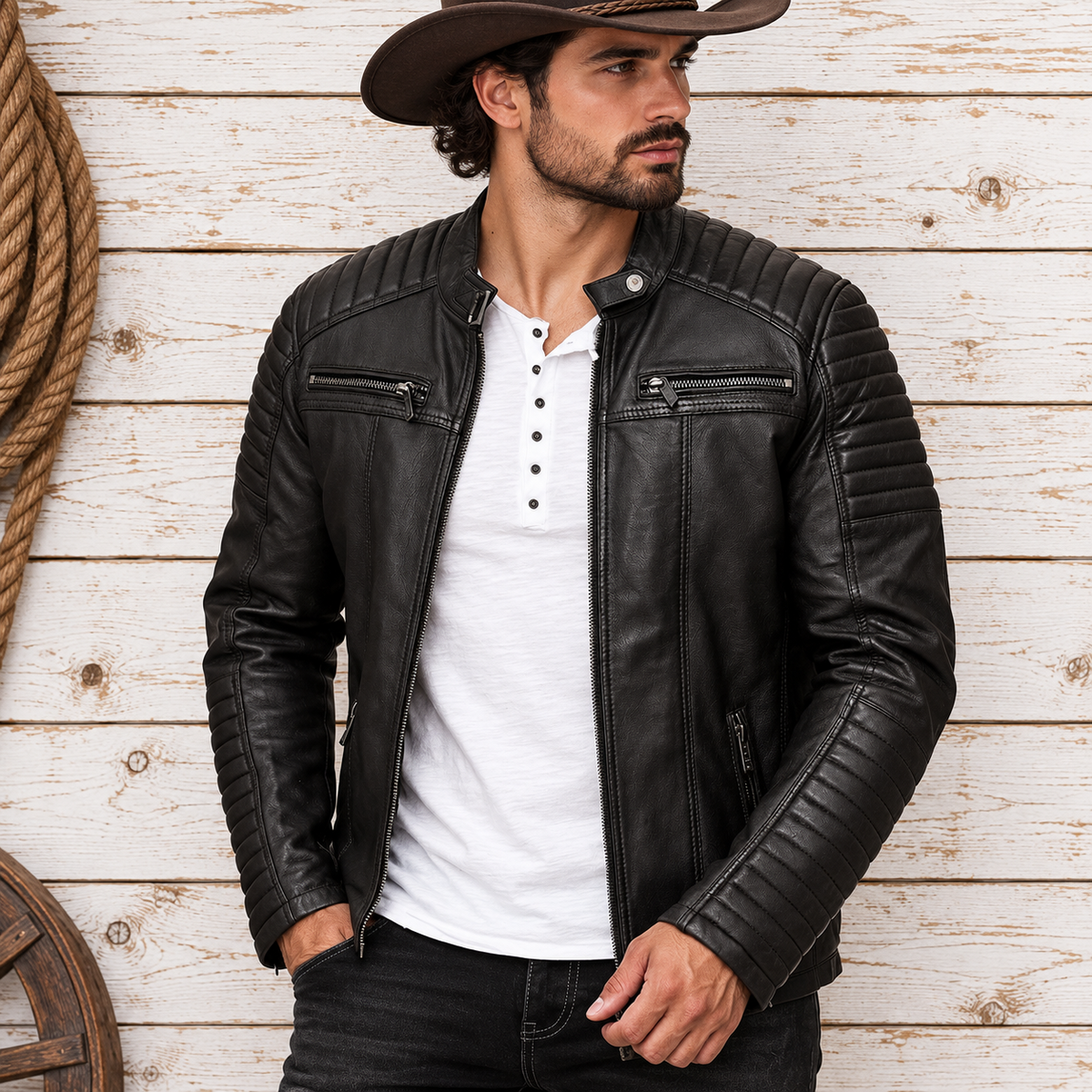 Men's Vintage Motorcycle Cafe Racer Retro Distressed Leather Jacket