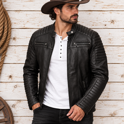 Men's Vintage Motorcycle Cafe Racer Retro Distressed Leather Jacket