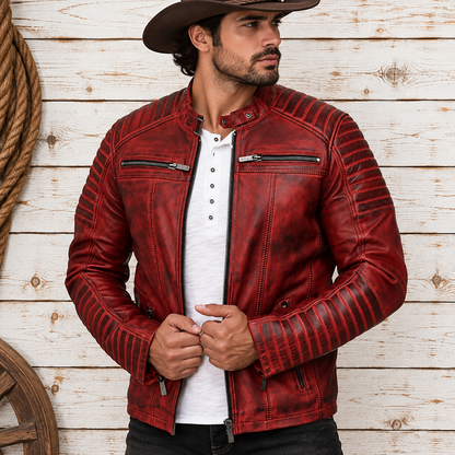 Men's Vintage Motorcycle Cafe Racer Retro Distressed Leather Jacket
