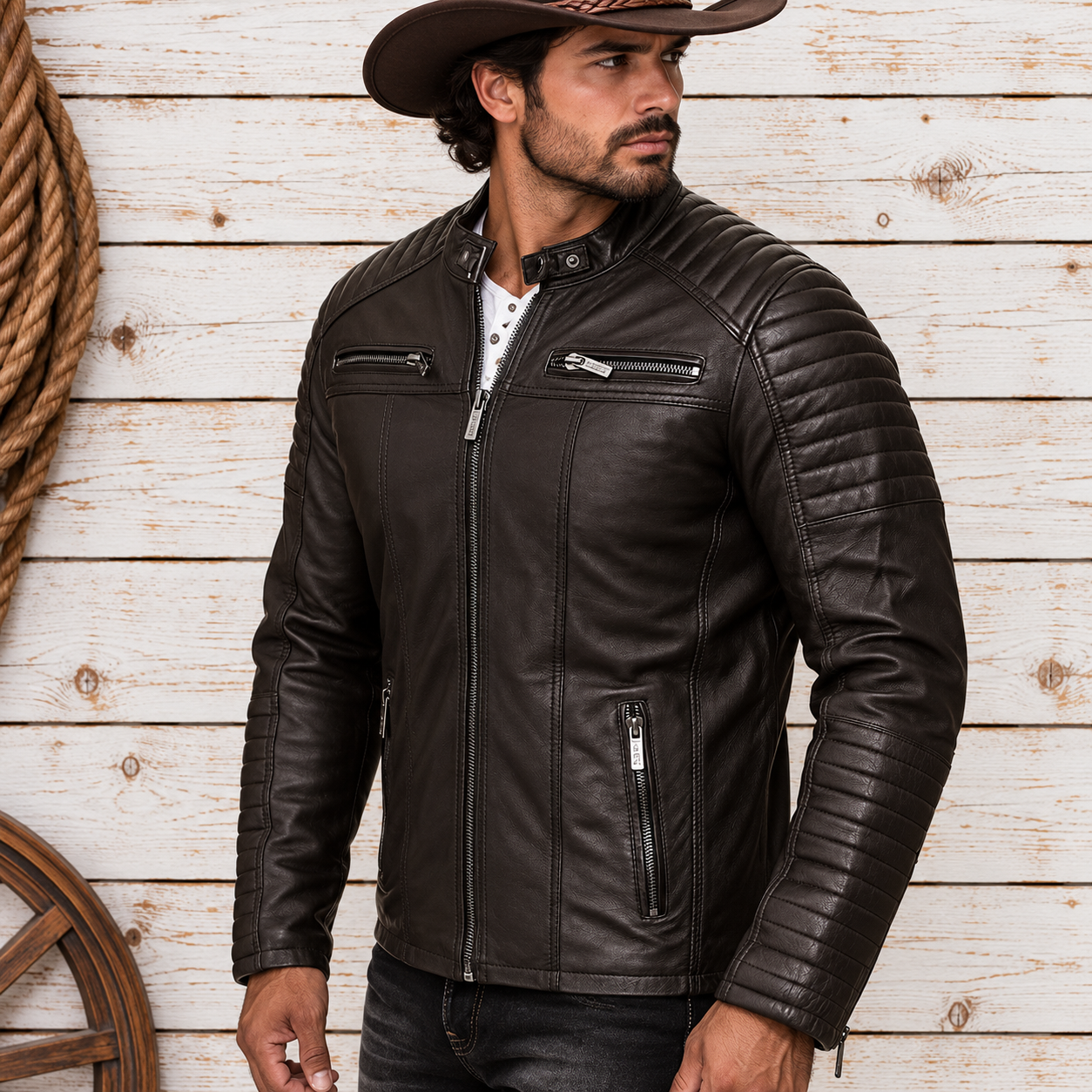 A man wearing a dark brown leather motorcycle jacket with quilted shoulder panels and zippered details