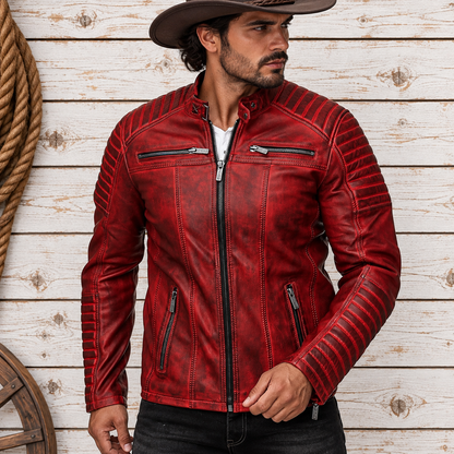 Men's Vintage Motorcycle Cafe Racer Retro Distressed Leather Jacket