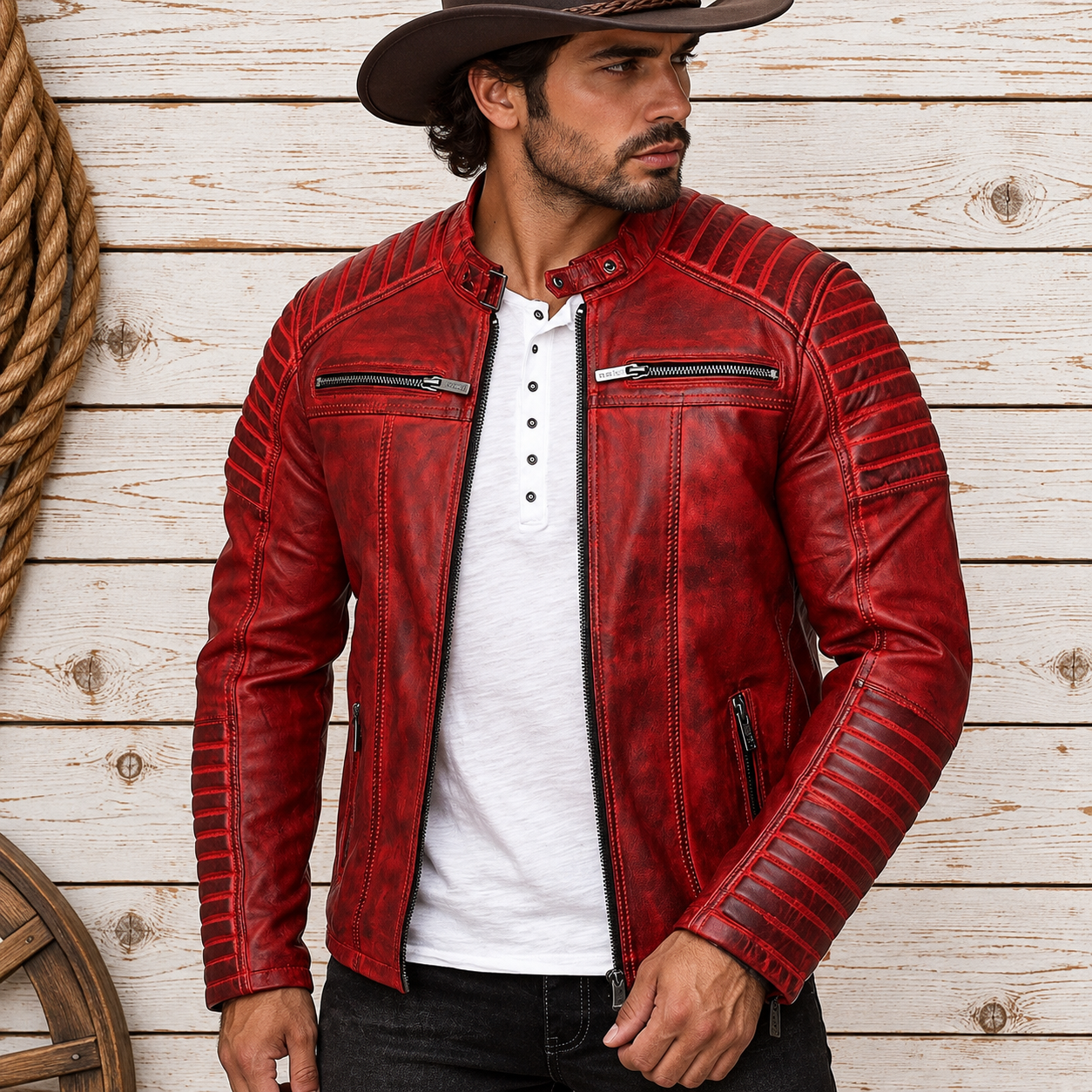 A man wearing a red leather motorcycle jacket with a high collar, zippered chest pockets, and ribbed sleeves, styled over a white Henley shirt and dark jeans
