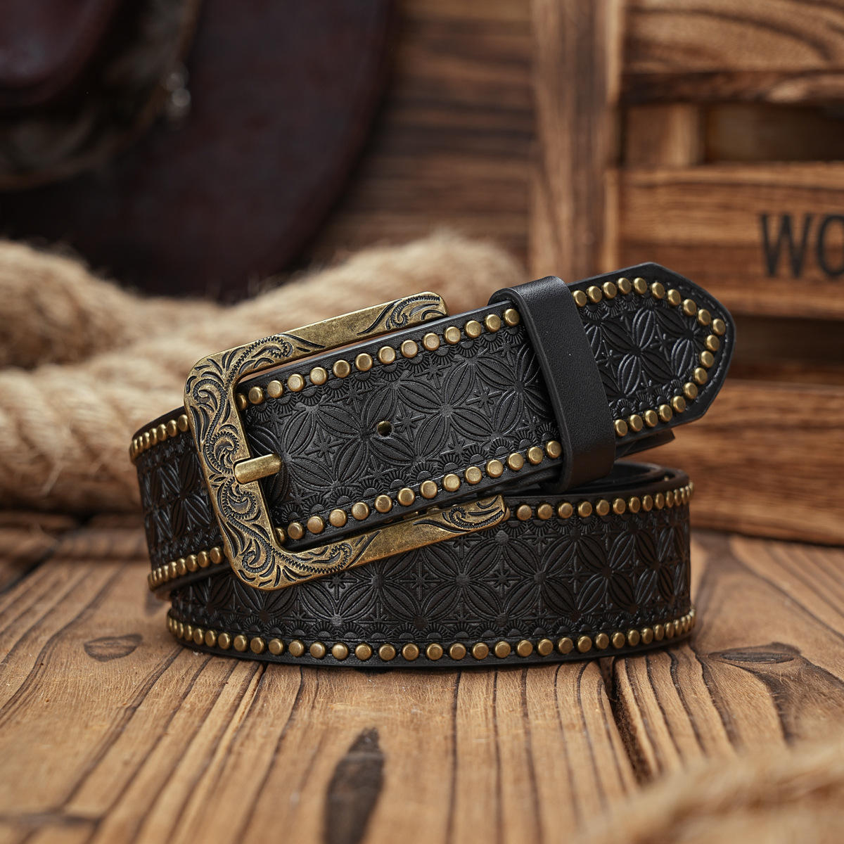 Men's Western Leather Belt Handcrafted Black Tooled Leather 117cm