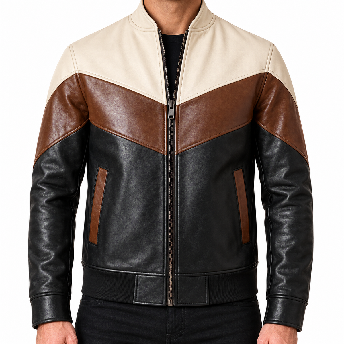 Men’s Black, Brown & Cream Leather Jacket – Modern Colorblock Bomber Jacket