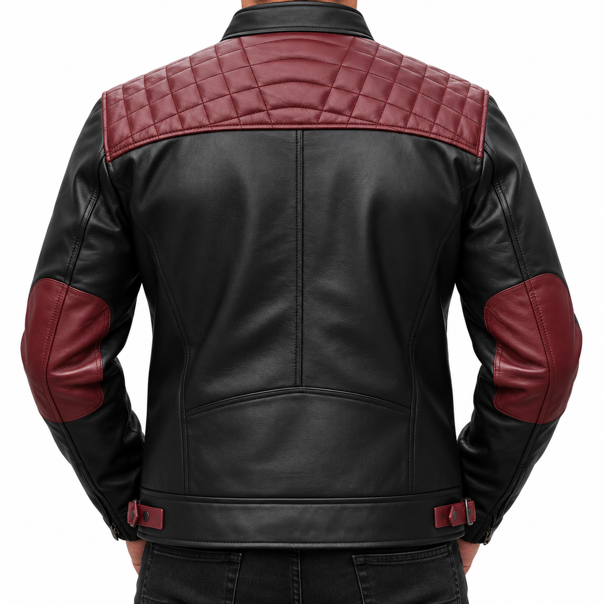 A black leather jacket with burgundy quilted shoulder panels and matching burgundy elbow patches, shown from the back on a model against a white background.
