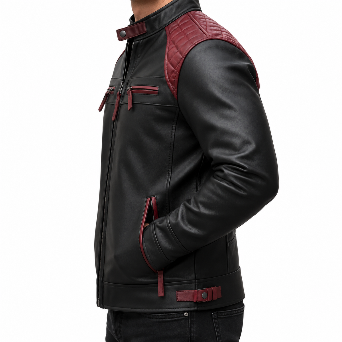 A man wearing a black faux leather motorcycle jacket with quilted burgundy shoulder panels and matching burgundy zipper accents, shown from a side profile against a white background.