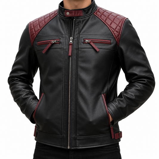 A black faux leather motorcycle jacket with quilted burgundy shoulder panels and matching burgundy zipper accents, shown on a model against a white background.