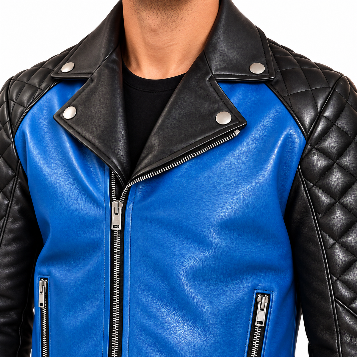 Men’s Blue and Black Leather Biker Jacket – Quilted Shoulder Motorcycle Style Jacket