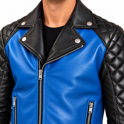 Men’s Blue and Black Leather Biker Jacket – Quilted Shoulder Motorcycle Style Jacket
