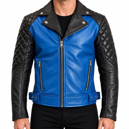Men’s Blue and Black Leather Biker Jacket – Quilted Shoulder Motorcycle Style Jacket