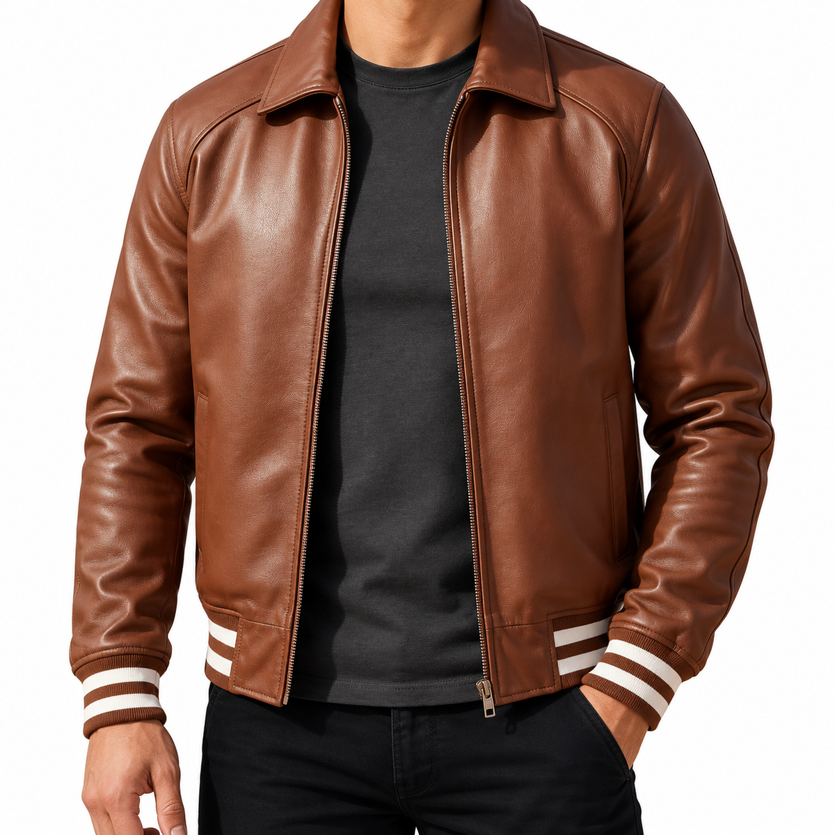 A man wearing a brown leather jacket with white striped ribbed cuffs and hem, layered over a dark gray t-shirt and black pants, shown against a plain white background.
