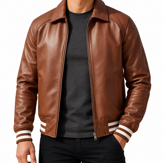 A man wearing a brown leather jacket with white striped ribbed cuffs and hem, layered over a dark gray t-shirt and black pants, shown against a plain white background.