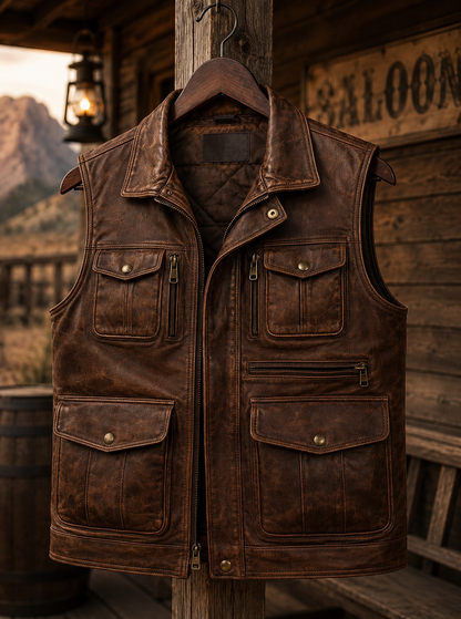 Men's Brown Leather Utility Vest – Premium Multi-Pocket Fashion Vest
