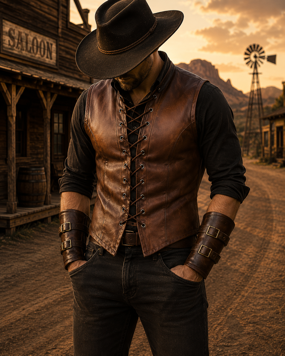 Men's Brown Leather Vest – Premium Lace-Up Front Fashion Vest