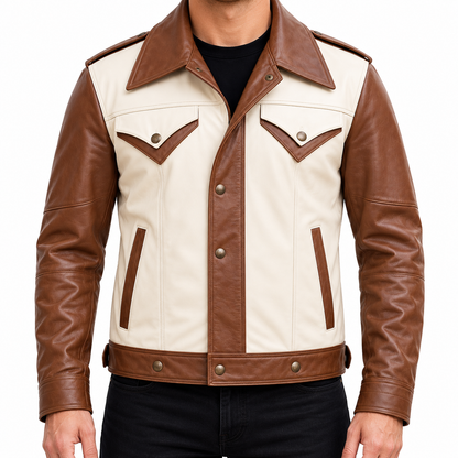 Men’s Brown and Beige Leather Jacket – Vintage Western Style Button-Up Jacket