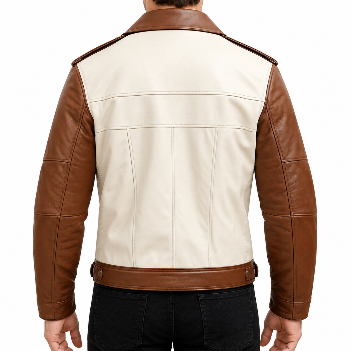 Men’s Brown and Beige Leather Jacket – Vintage Western Style Button-Up Jacket