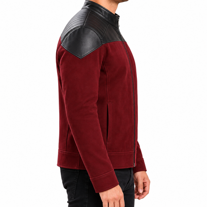 Men’s Burgundy and Black Leather Jacket – Modern Biker Style Zip-Up Jacket