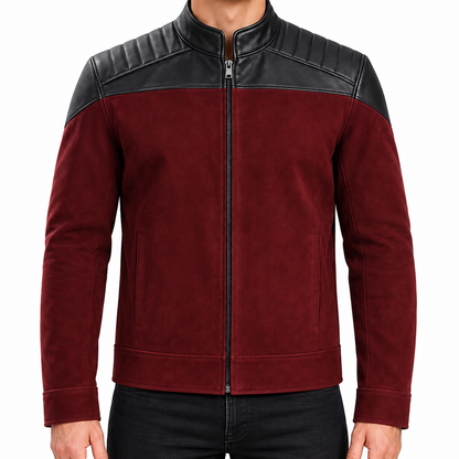 Men’s Burgundy and Black Leather Jacket – Modern Biker Style Zip-Up Jacket