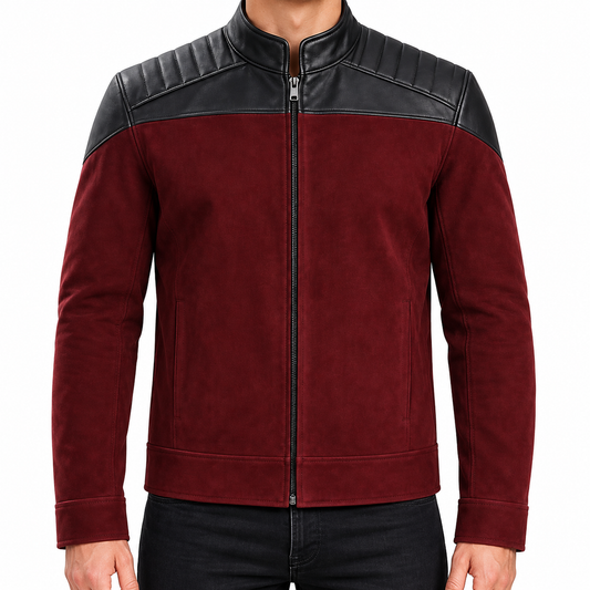 Men’s Burgundy and Black Leather Jacket – Modern Biker Style Zip-Up Jacket