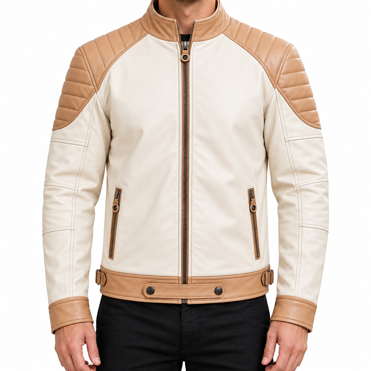 Men’s Cream and Tan Leather Biker Jacket – Quilted Shoulder Zip-Up Jacket
