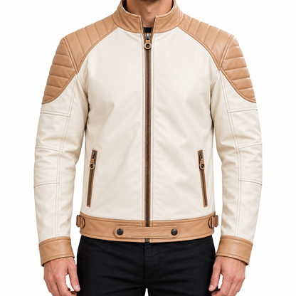 Men’s Cream and Tan Leather Biker Jacket – Quilted Shoulder Zip-Up Jacket