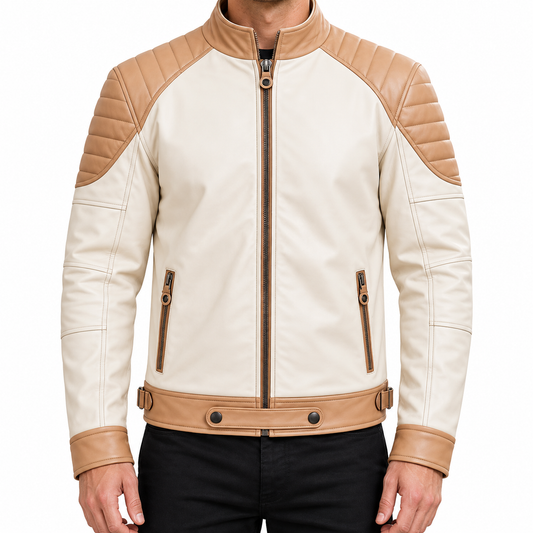 Men’s Cream and Tan Leather Biker Jacket – Quilted Shoulder Zip-Up Jacket