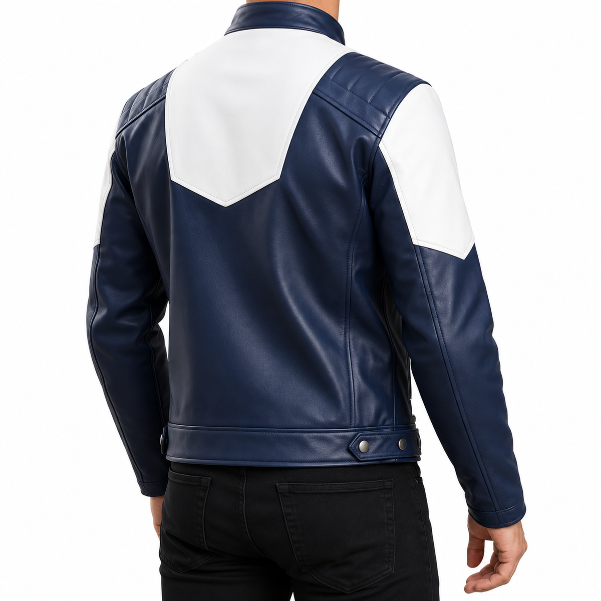 A man wearing a navy blue and white color-blocked faux leather jacket, shown from the back against a plain white background.