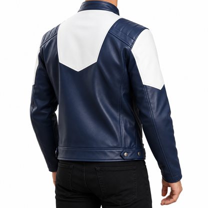 A man wearing a navy blue and white color-blocked faux leather jacket, shown from the back against a plain white background.
