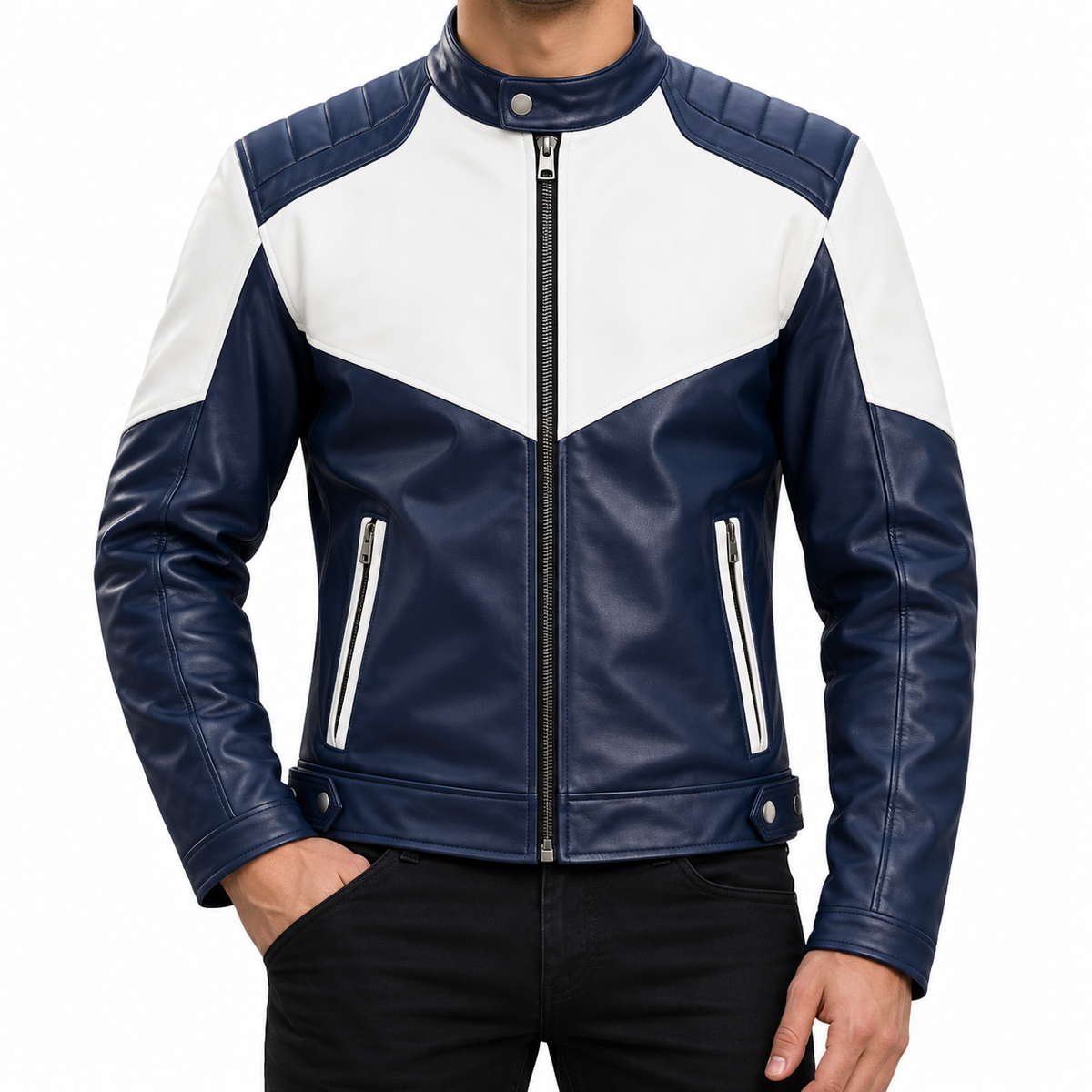 A men's color-block faux leather motorcycle jacket in navy blue and white, featuring a full-zip front, ribbed shoulder panels, and zippered hand pockets, shown on a model against a white background.