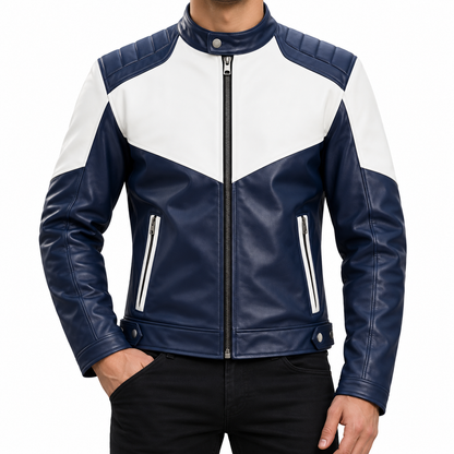 A men's color-block faux leather motorcycle jacket in navy blue and white, featuring a full-zip front, ribbed shoulder panels, and zippered hand pockets, shown on a model against a white background.