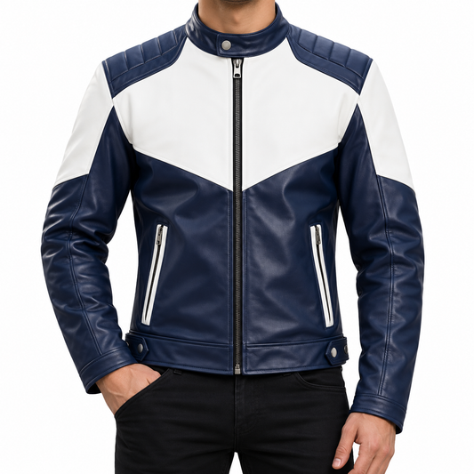 A men's color-block faux leather motorcycle jacket in navy blue and white, featuring a full-zip front, ribbed shoulder panels, and zippered hand pockets, shown on a model against a white background.