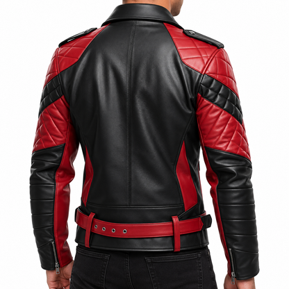 Men’s Red & Black Leather Biker Jacket with Quilted Sleeves, Belted Waist & Asymmetrical Zipper