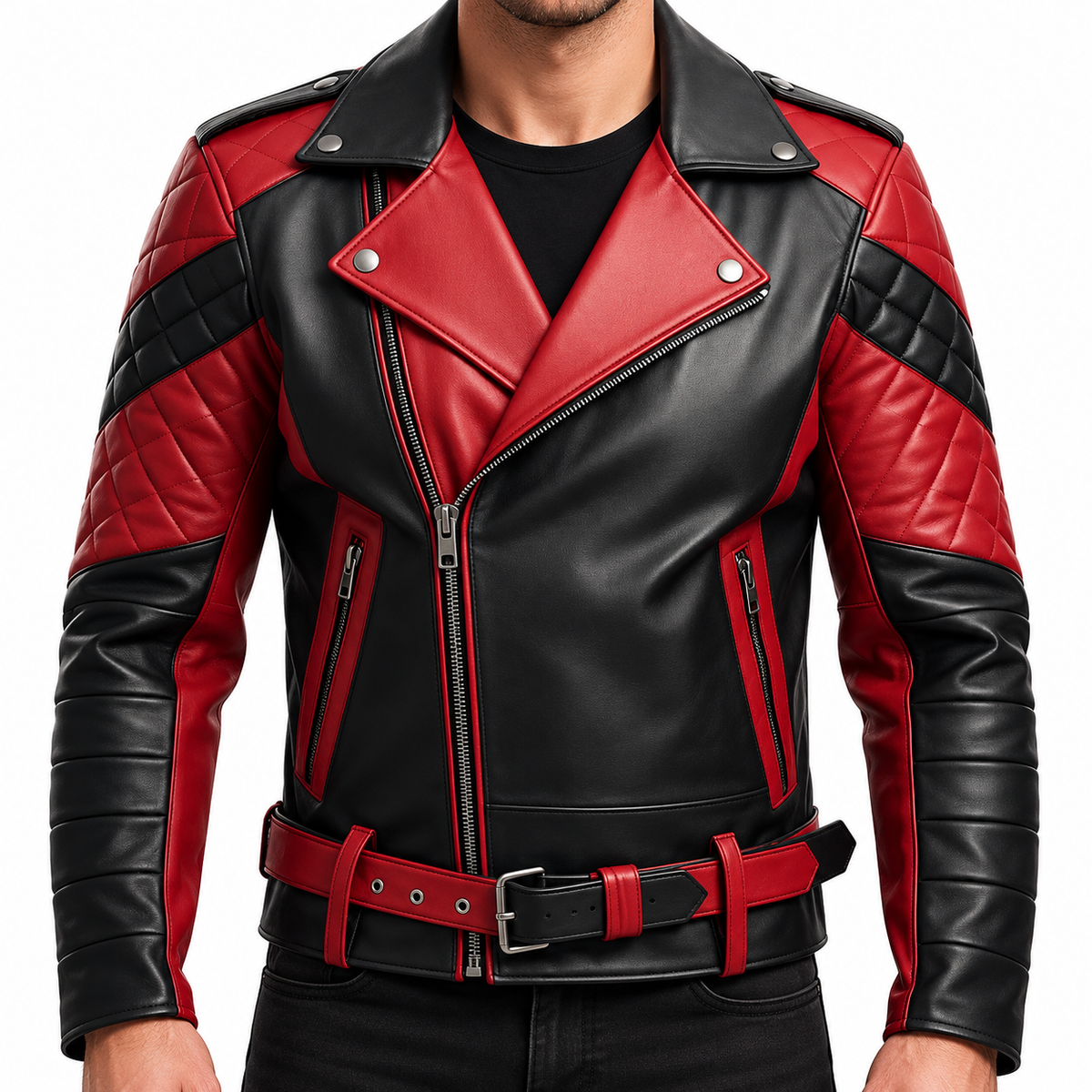 Men’s Red & Black Leather Biker Jacket with Quilted Sleeves, Belted Waist & Asymmetrical Zipper