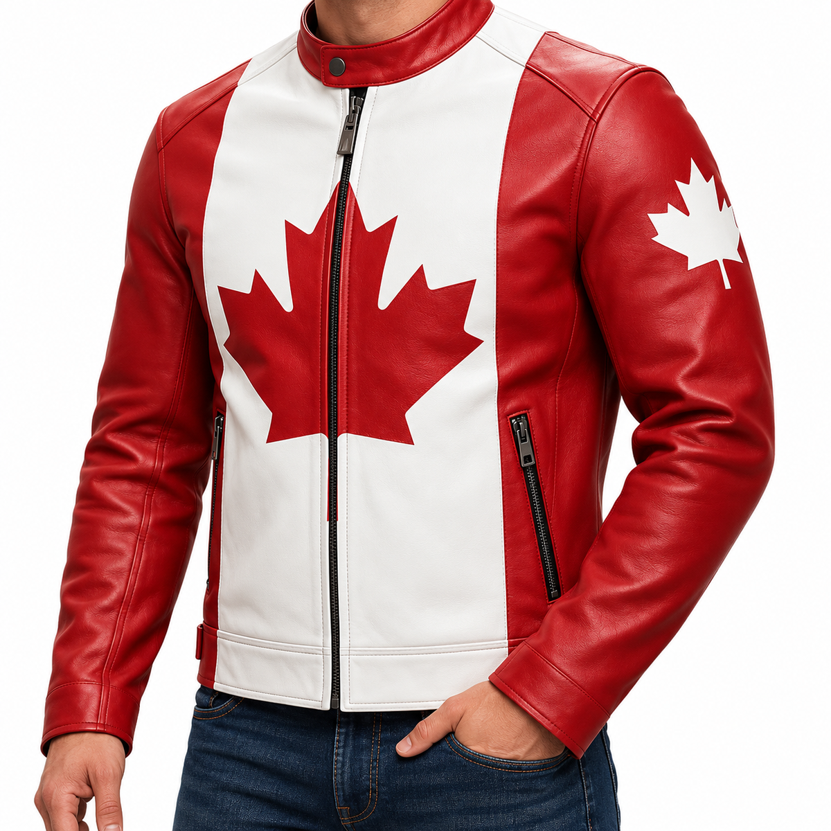A red and white faux leather jacket styled with a Canadian flag design, featuring a large red maple leaf on the white center panel and a smaller white maple leaf on the red sleeve. The jacket is modeled with blue jeans against a plain white background.
