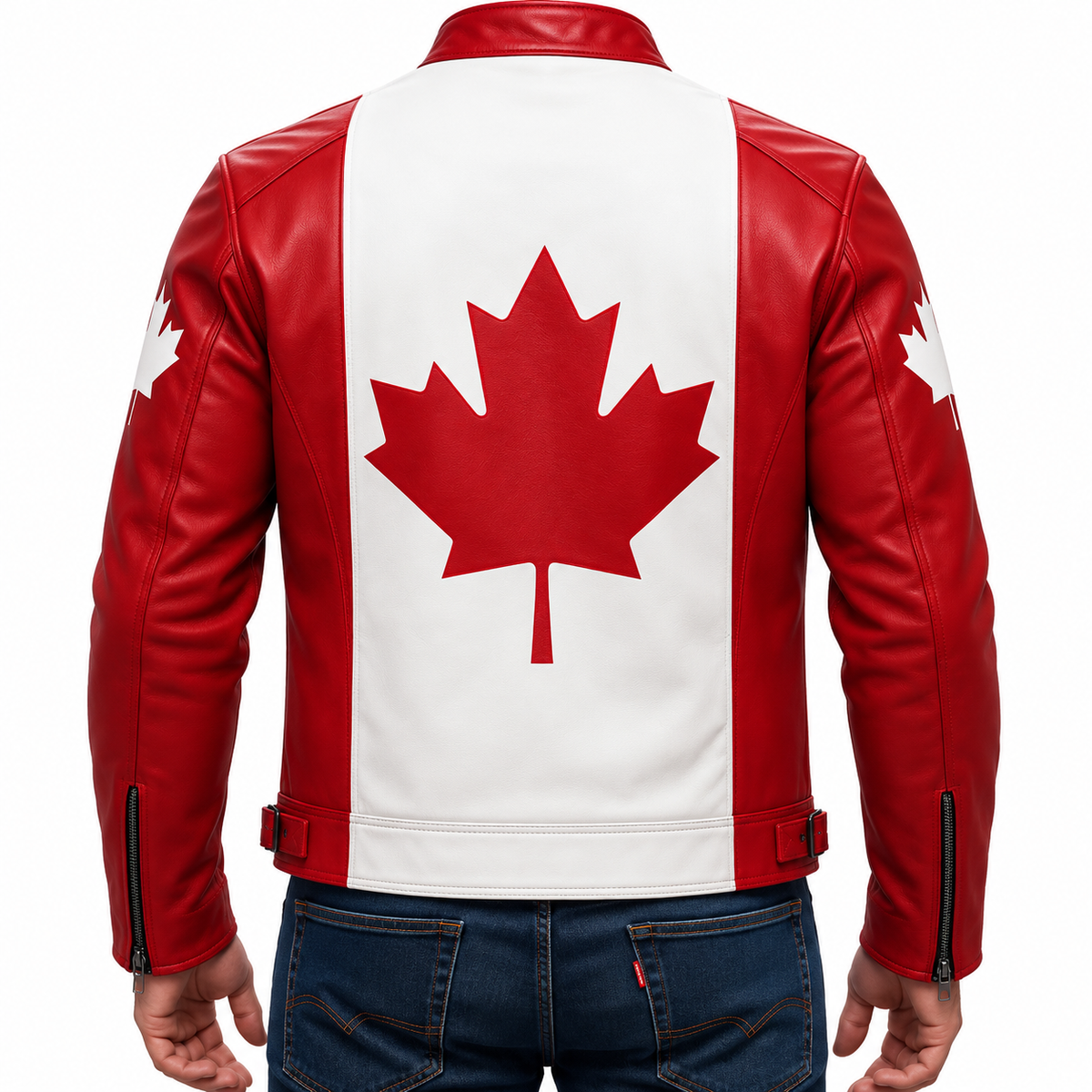 A red and white faux leather jacket with a Canadian flag design, shown from the back on a model wearing blue jeans against a white background.
