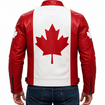 A red and white faux leather jacket with a Canadian flag design, shown from the back on a model wearing blue jeans against a white background.