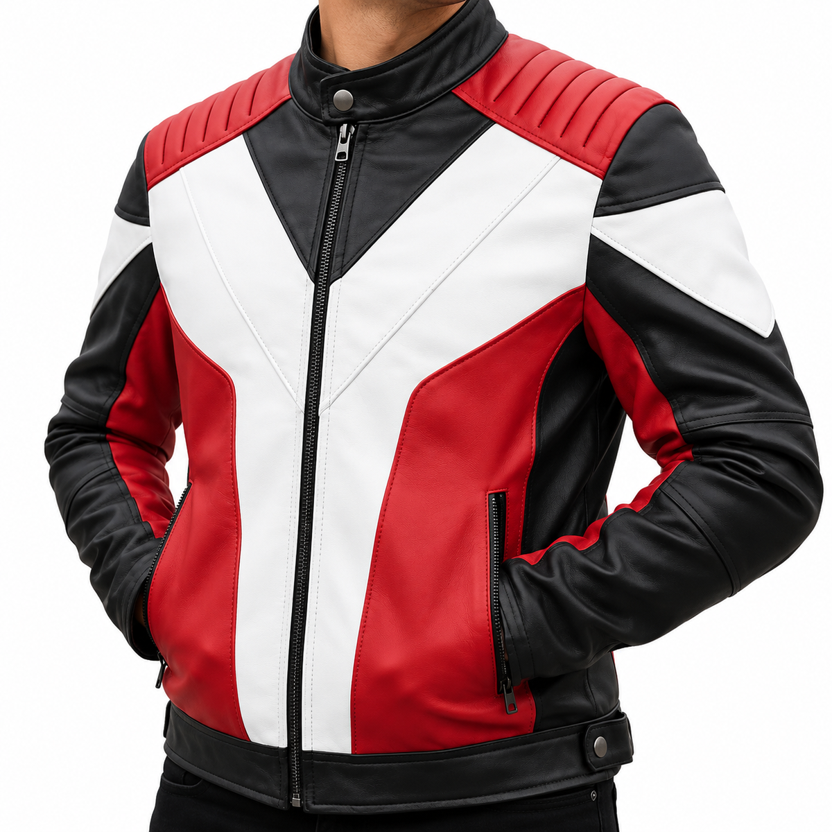 A men's leather jacket with a bold geometric color-blocked pattern of red, white, and black, featuring a full-length front zipper, a stand-up collar, and ribbed shoulder panels.