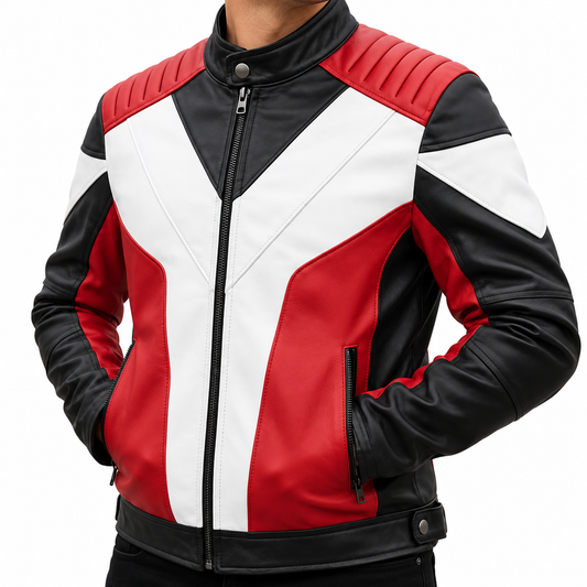A men's leather jacket with a bold geometric color-blocked pattern of red, white, and black, featuring a full-length front zipper, a stand-up collar, and ribbed shoulder panels.
