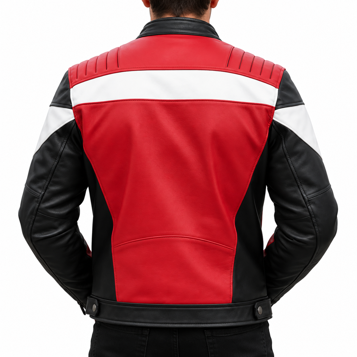 Rear view of a person wearing a red and black leather jacket with white shoulder panels, shown against a plain white background.