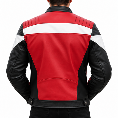 Rear view of a person wearing a red and black leather jacket with white shoulder panels, shown against a plain white background.