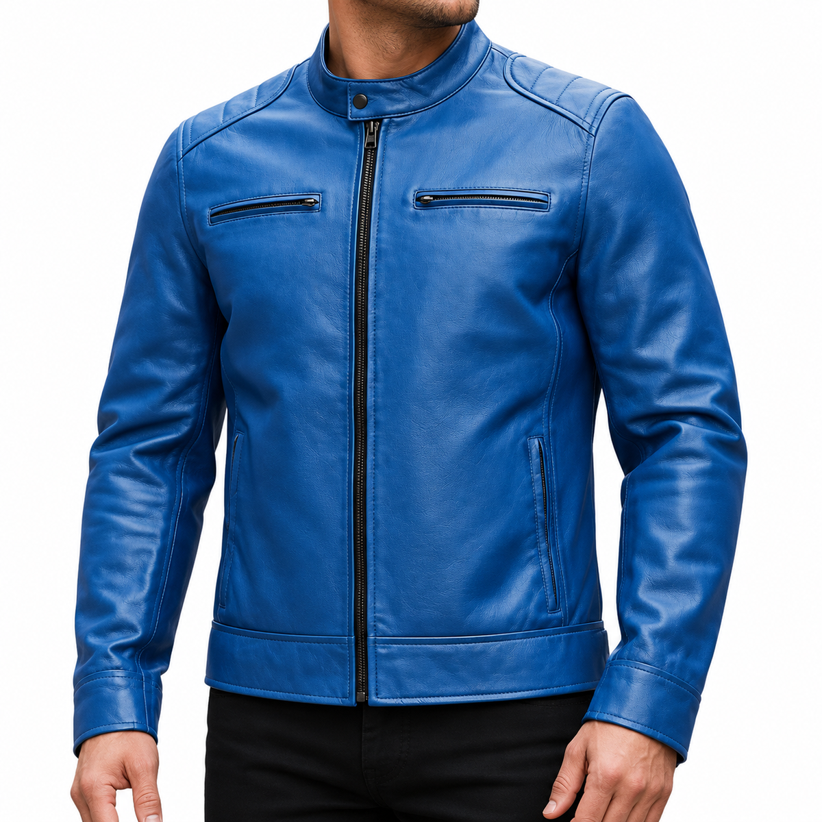 Men’s Royal Blue Leather Biker Jacket – Motorcycle Style Jacket